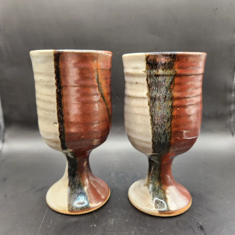 Art Pottery Goblets, Neutral Earth Tones, Set of 2